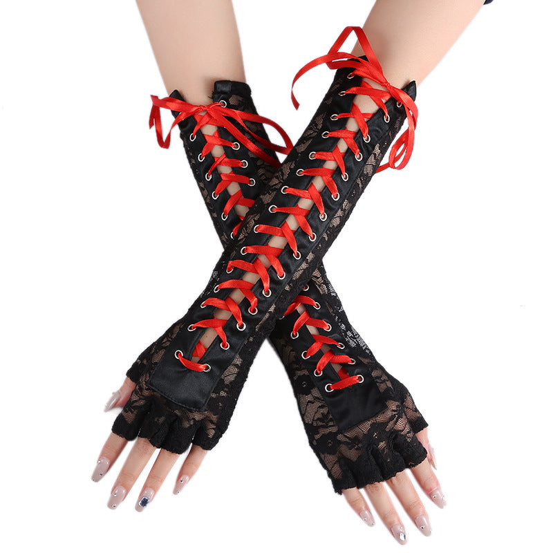 Corset Lace Up Fingerless Long Gloves - Red