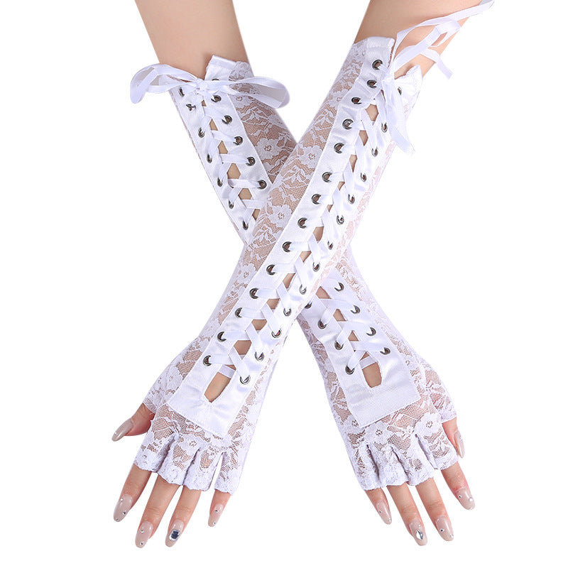 Corset Lace Up Fingerless Long Gloves - White