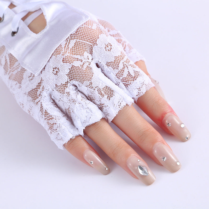 Corset Lace Up Fingerless Long Gloves - White - 1