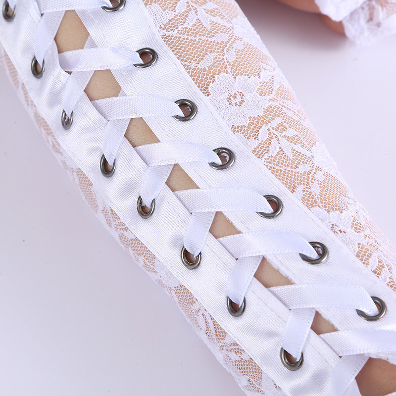 Corset Lace Up Fingerless Long Gloves - White - 2
