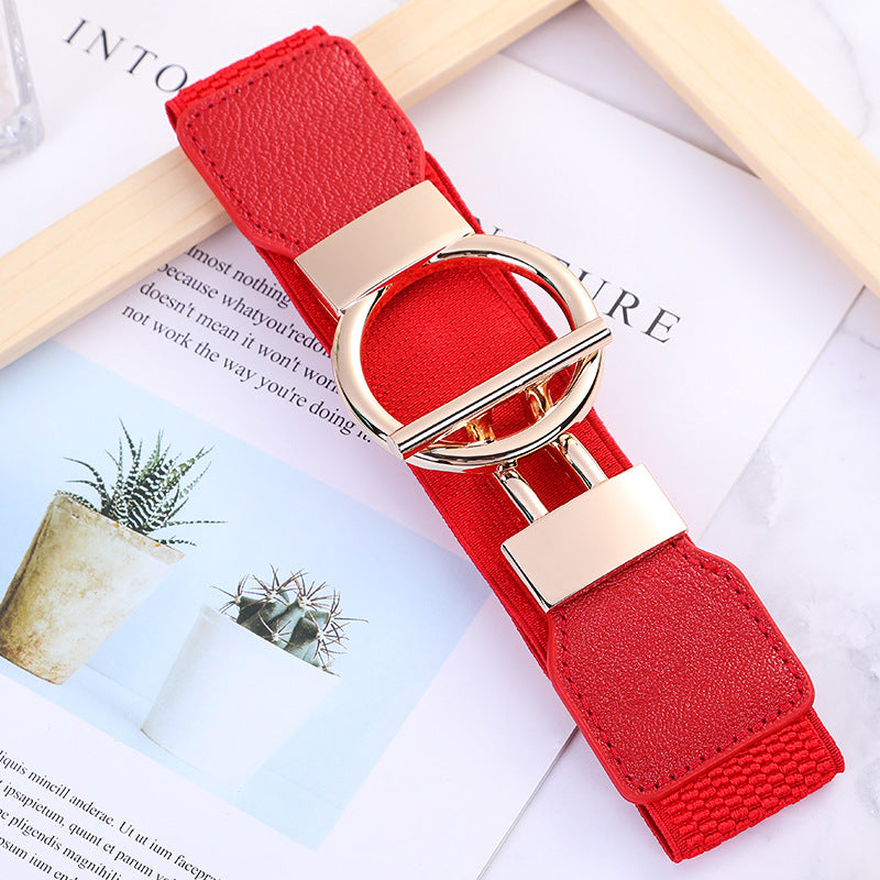 Round Hook Buckle Stretch Waist Belt - Red