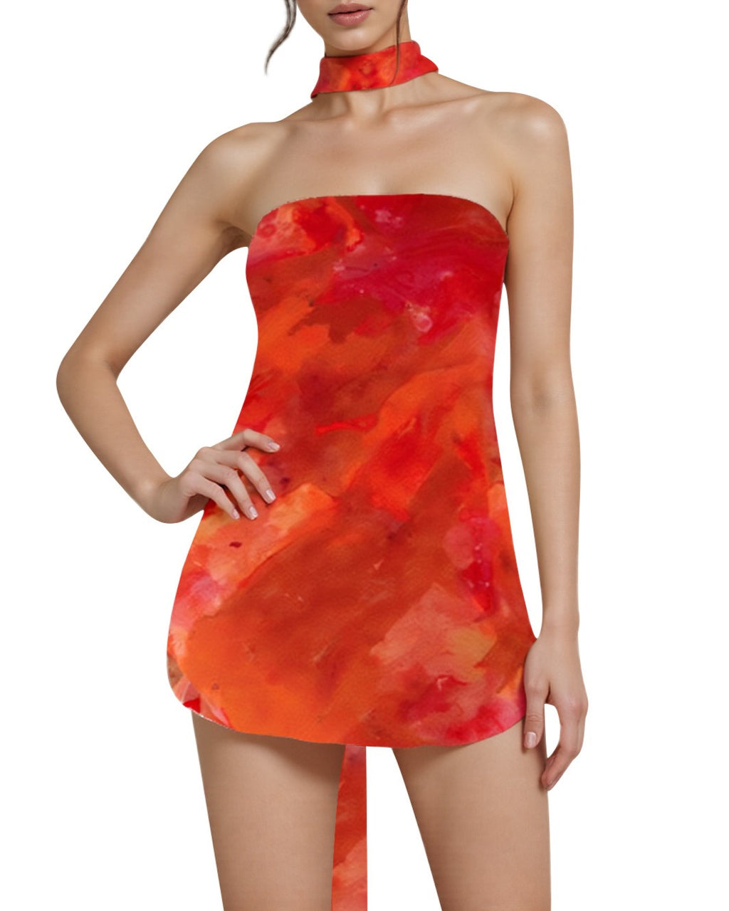 Floral Chiffon Strapless Mini Dress With Scarf - Orange
