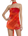 Floral Chiffon Strapless Mini Dress With Scarf - Orange