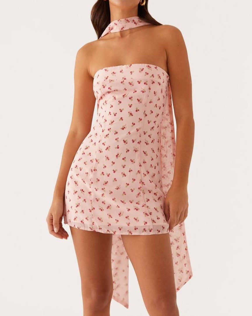 Floral Chiffon Strapless Mini Dress With Scarf - Pink - 1