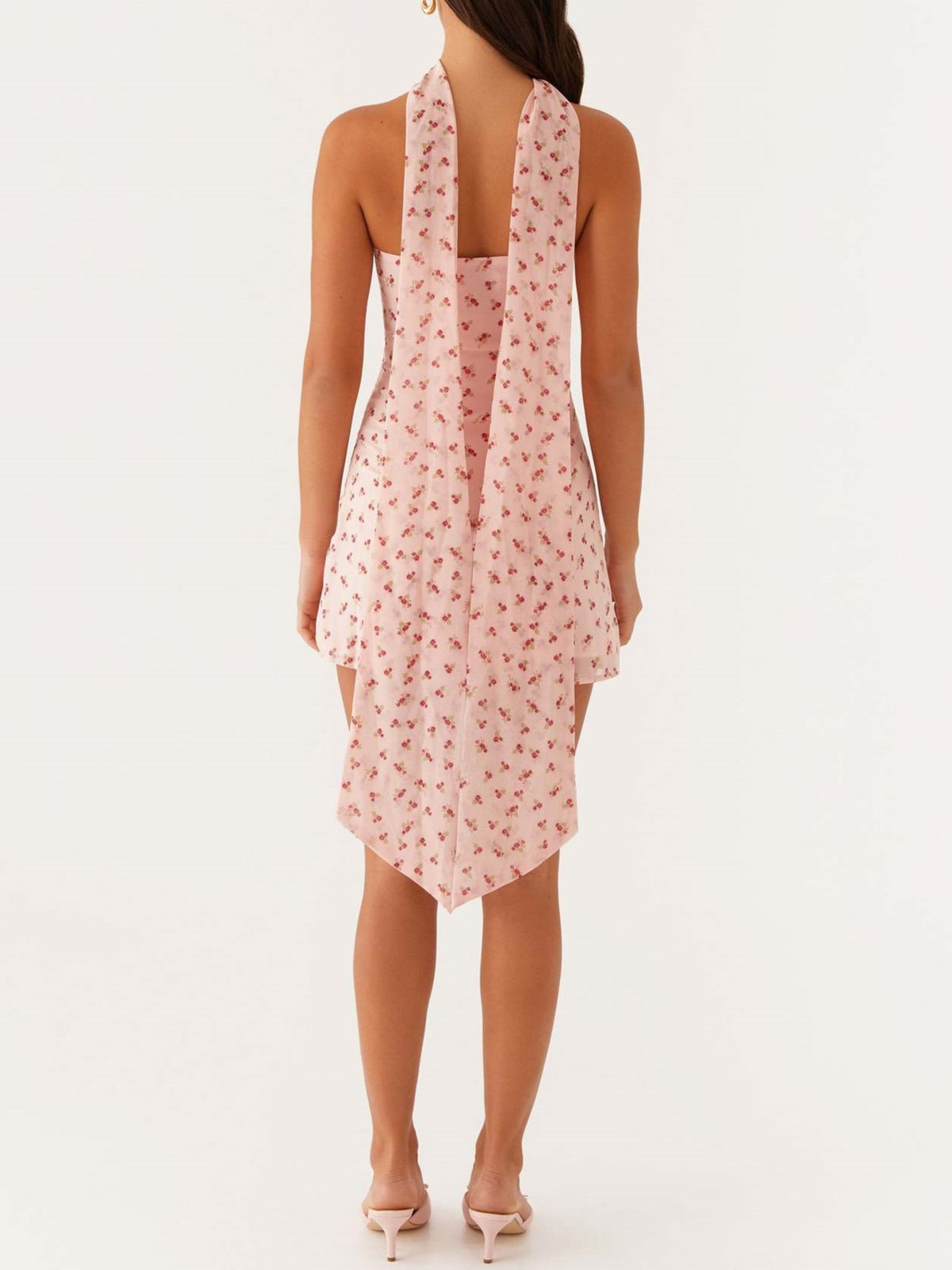 Floral Chiffon Strapless Mini Dress With Scarf - Pink - 3