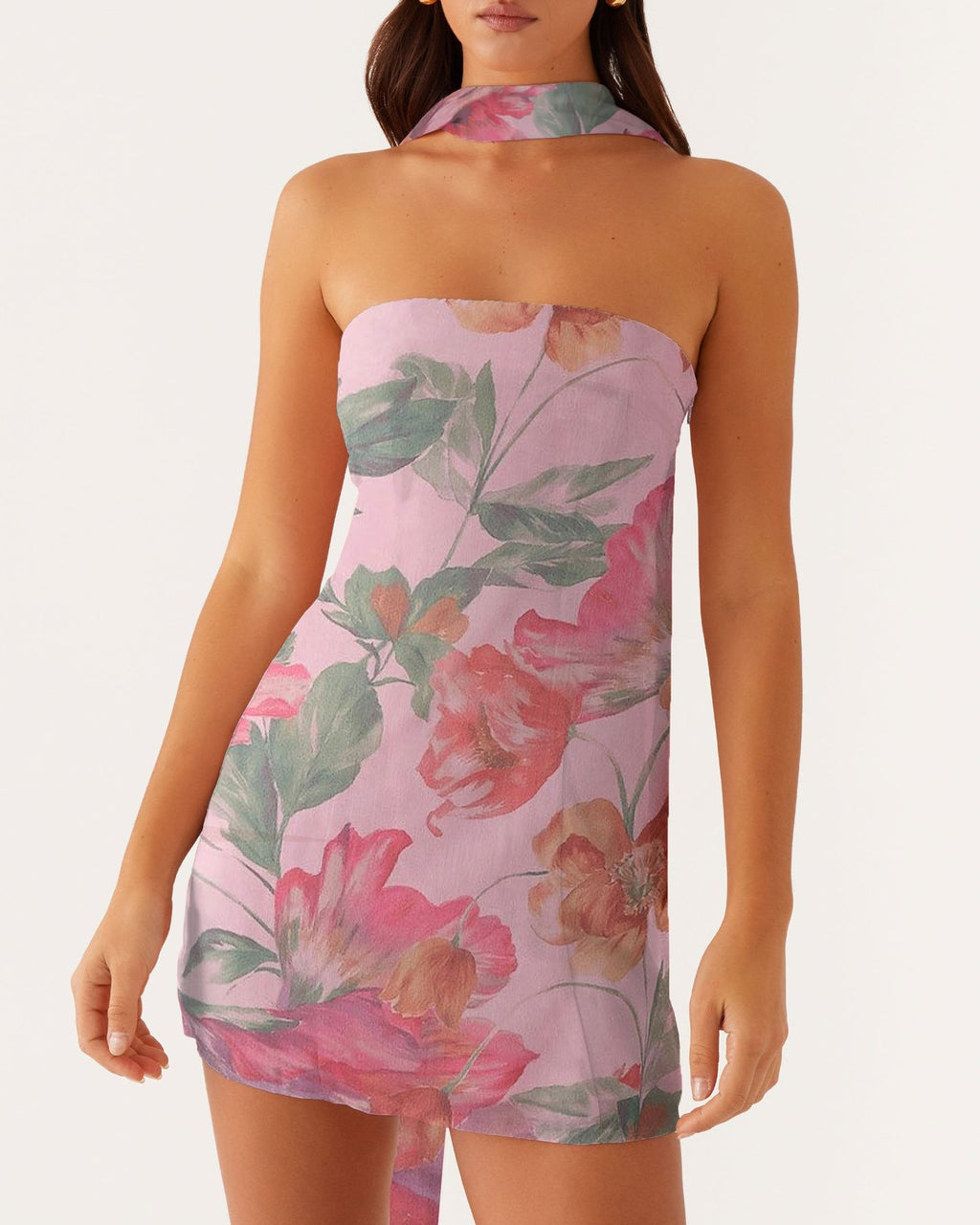 Floral Chiffon Strapless Mini Dress With Scarf - Rose
