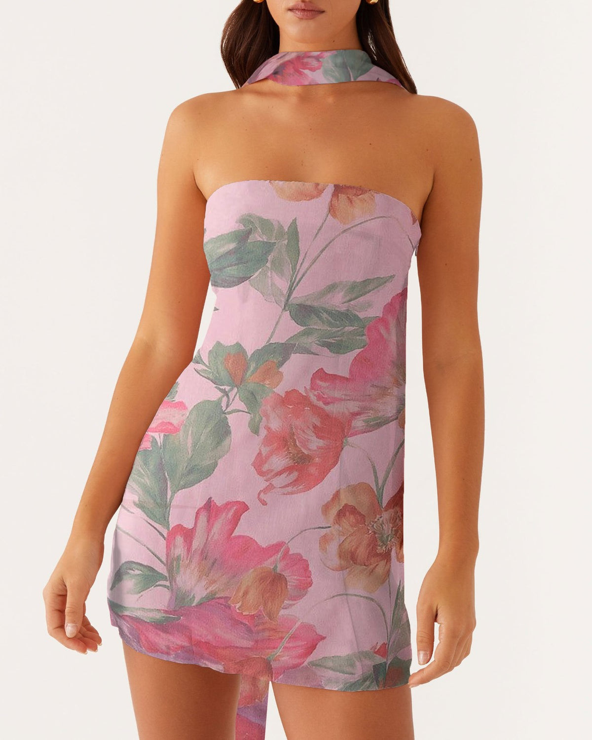 Floral Chiffon Strapless Mini Dress With Scarf - Rose