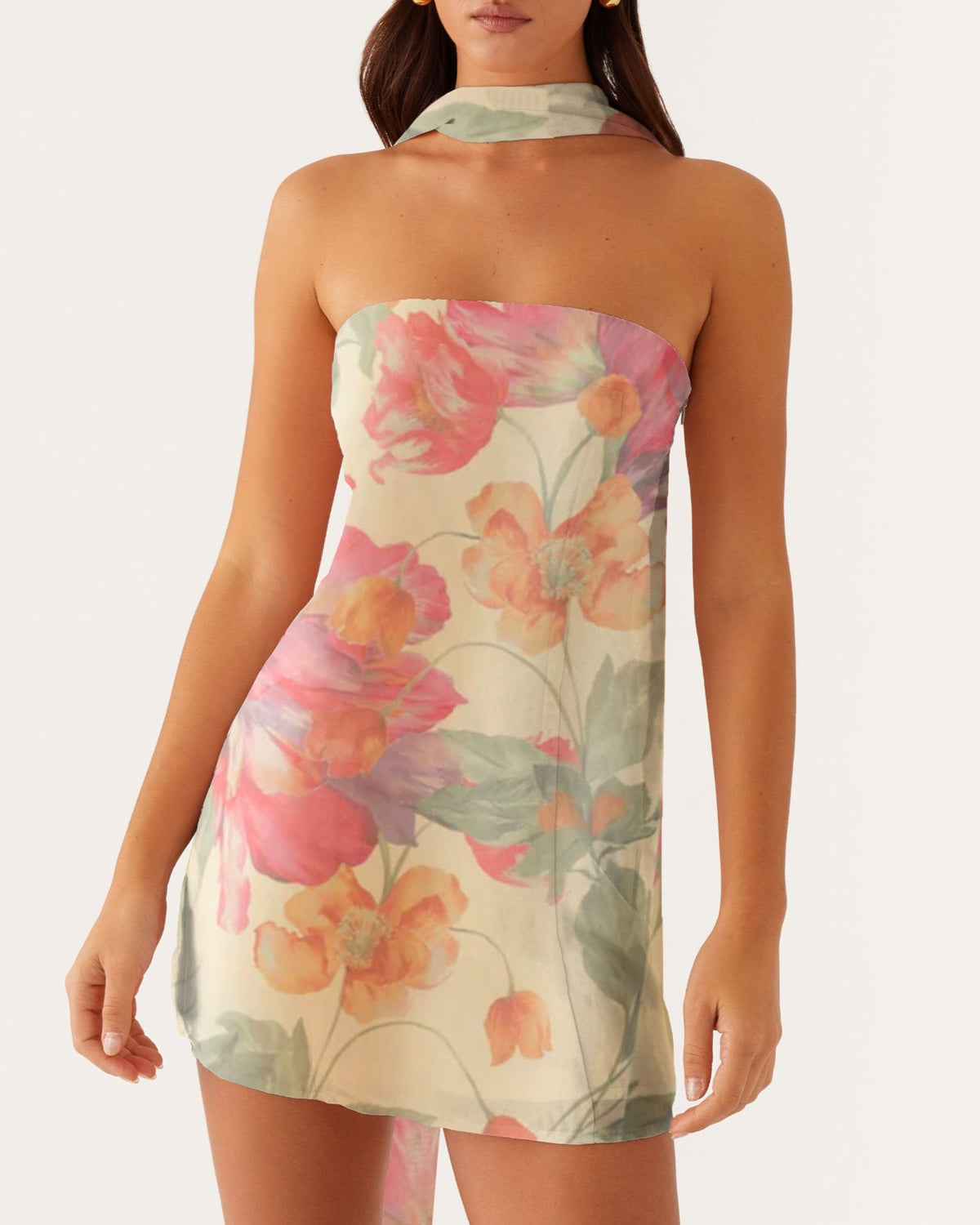 Floral Chiffon Strapless Mini Dress With Scarf - Yellow