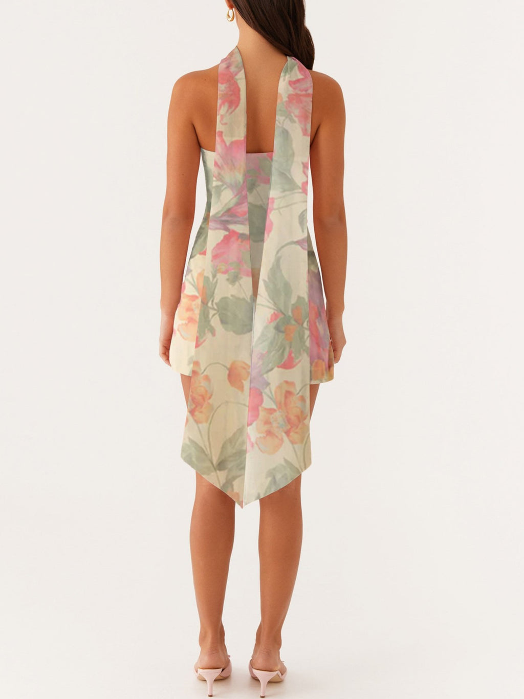 Floral Chiffon Strapless Mini Dress With Scarf - Yellow - 2