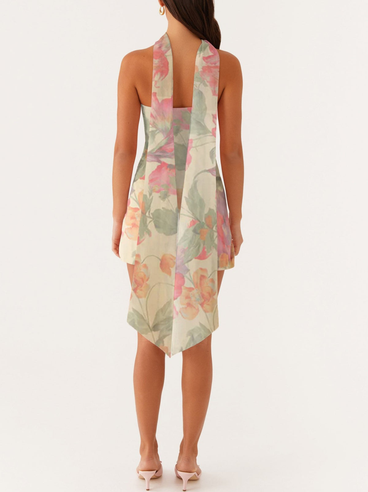 Floral Chiffon Strapless Mini Dress With Scarf - Yellow - 2