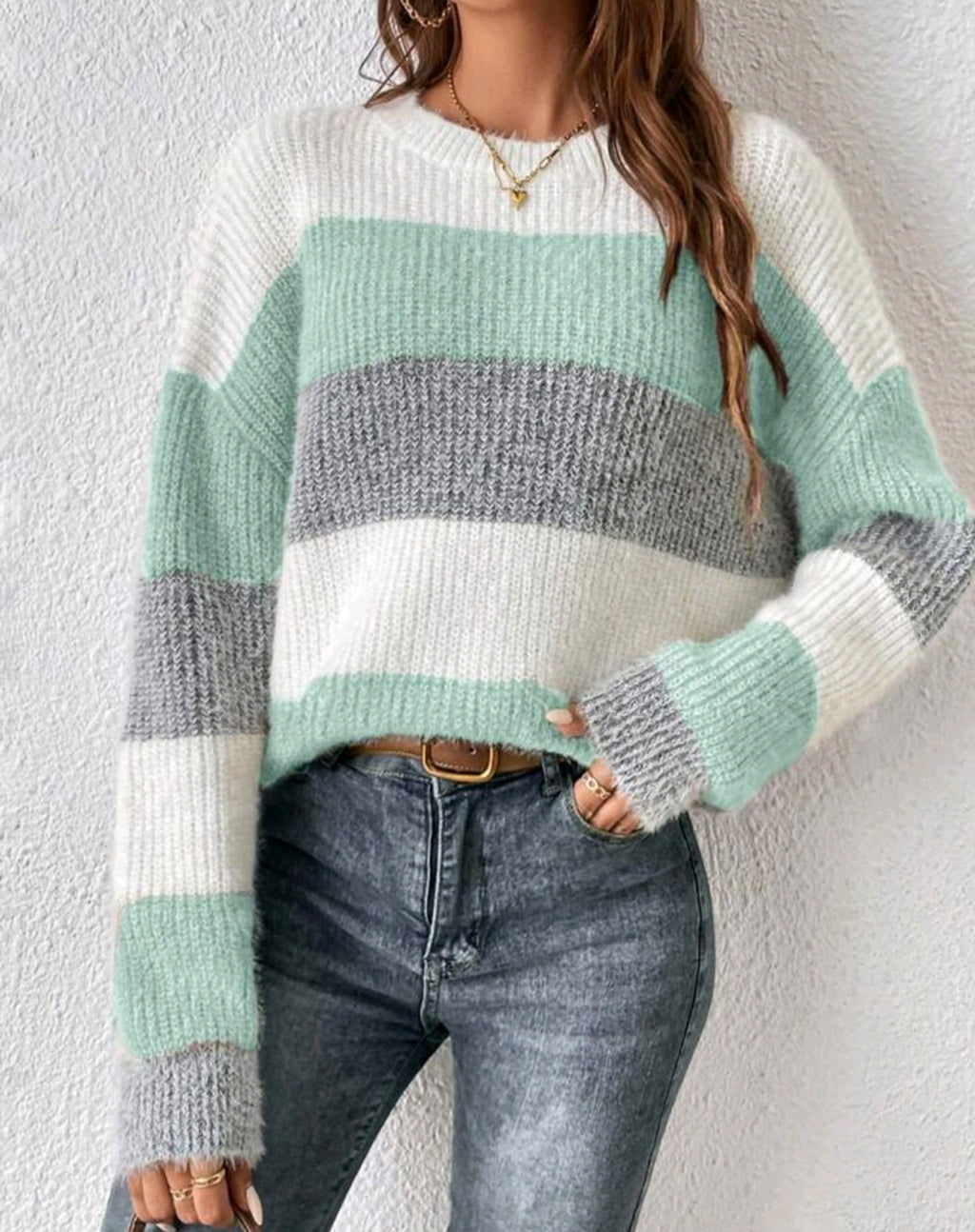 Soft Brushed Block Stripe Knit Sweater - Green