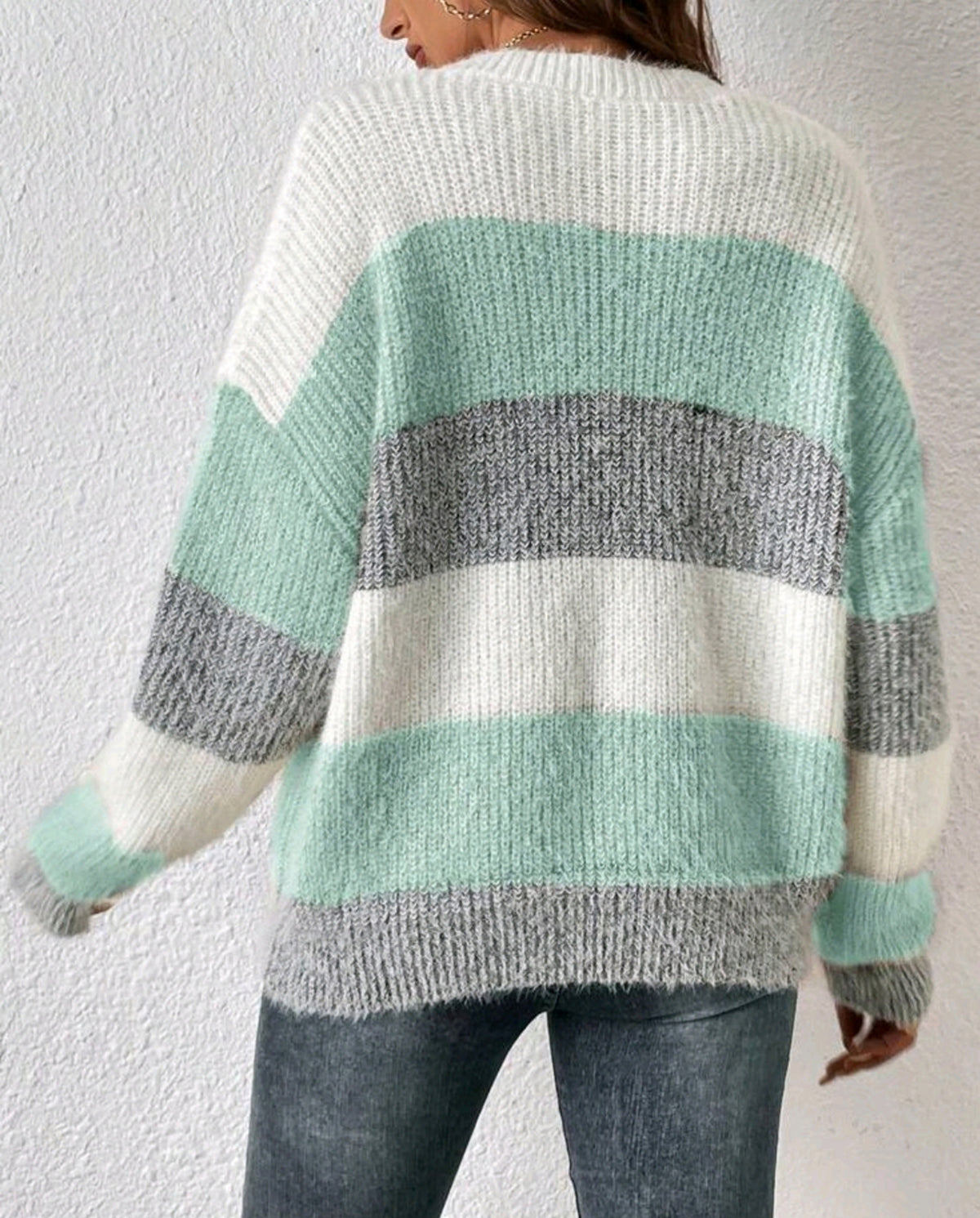 Soft Brushed Block Stripe Knit Sweater - Green - 1