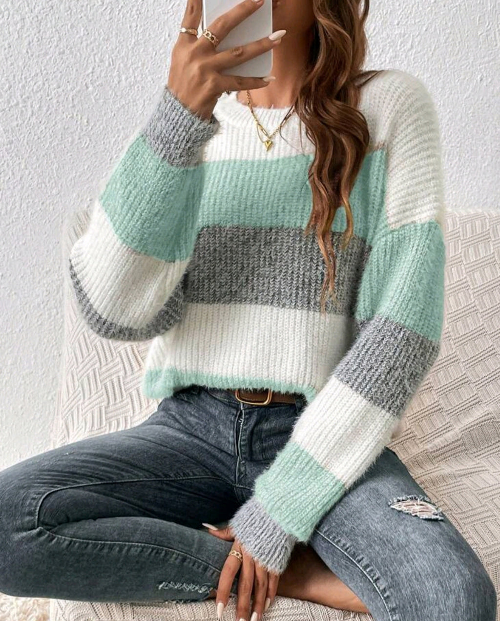 Soft Brushed Block Stripe Knit Sweater - Green - 2