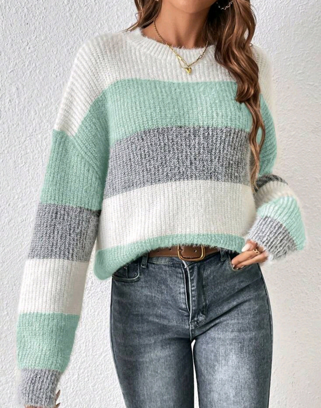 Soft Brushed Block Stripe Knit Sweater - Green - 3