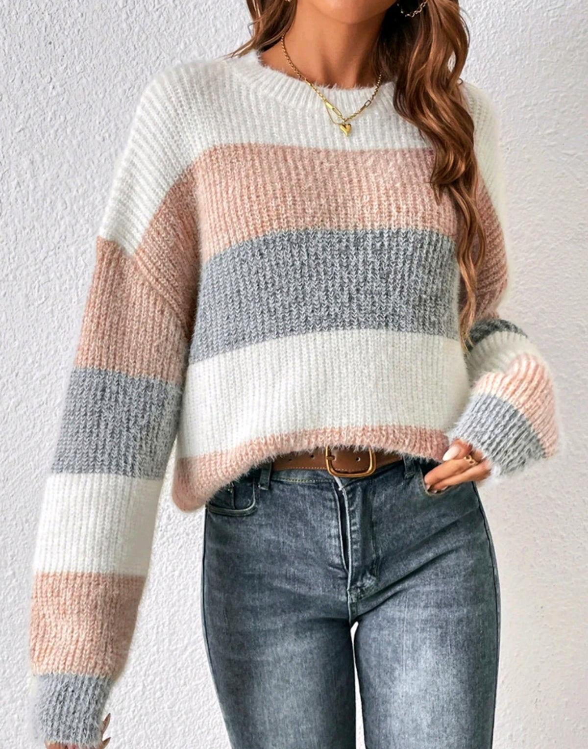 Soft Brushed Block Stripe Knit Sweater - Pink - 1