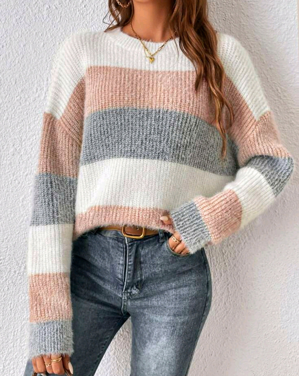 Soft Brushed Block Stripe Knit Sweater - Pink - 3
