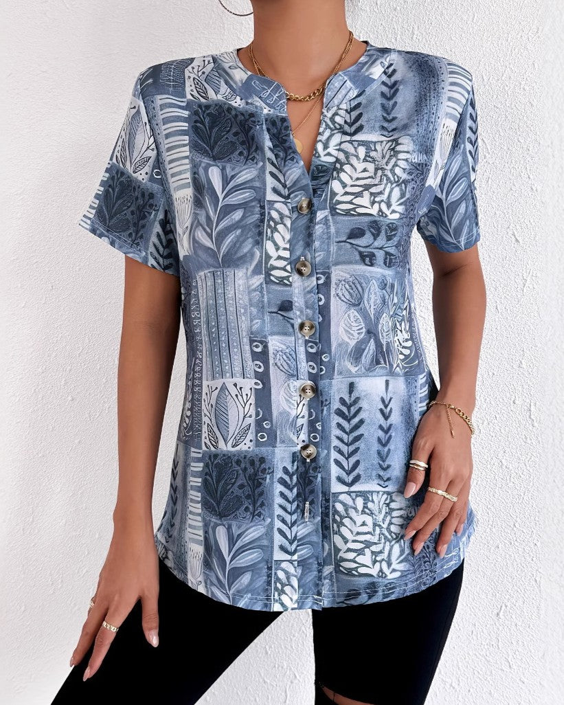 Patchwork Print Notch Neck Button Shirt - Blue - 1