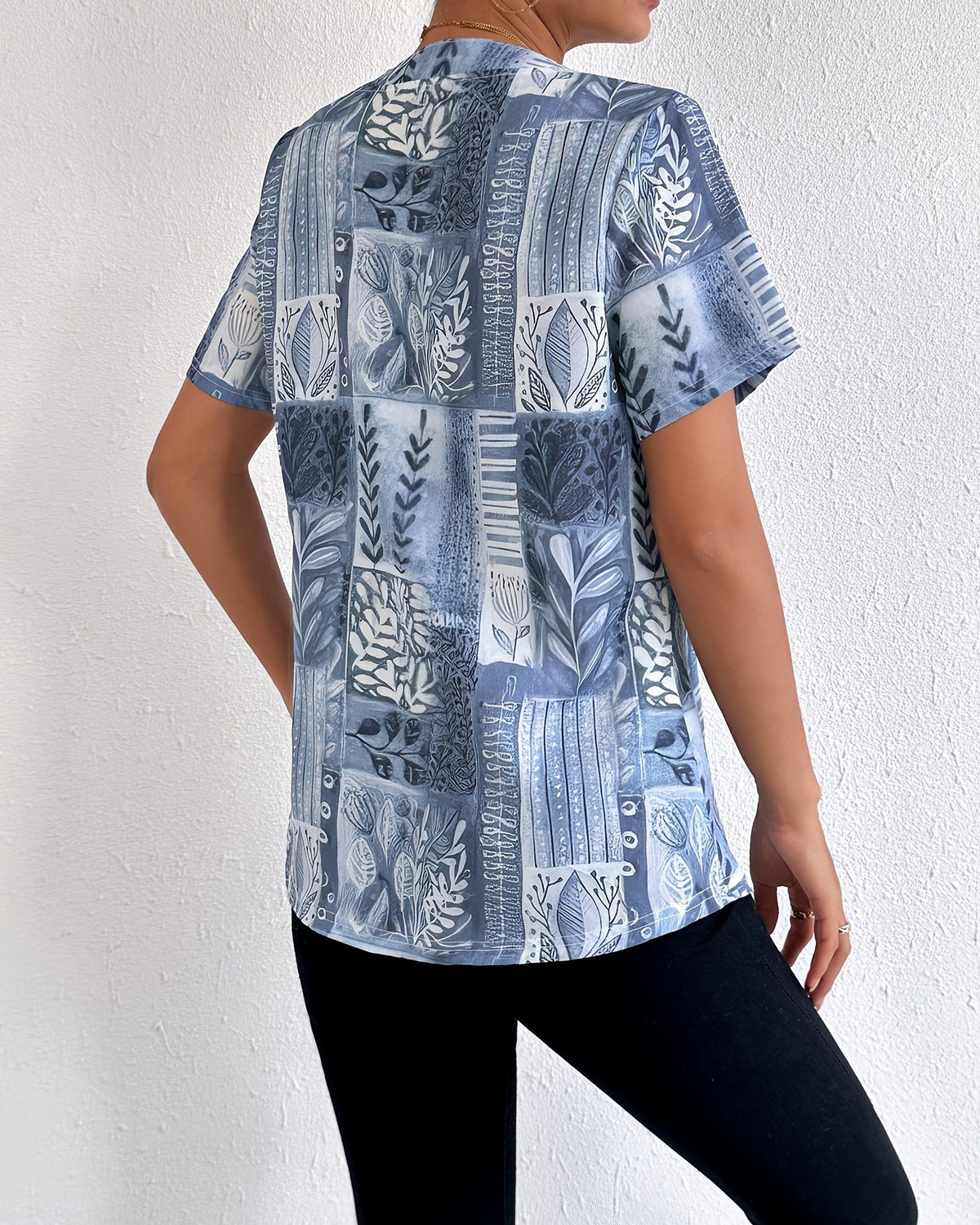 Patchwork Print Notch Neck Button Shirt - Blue - 2