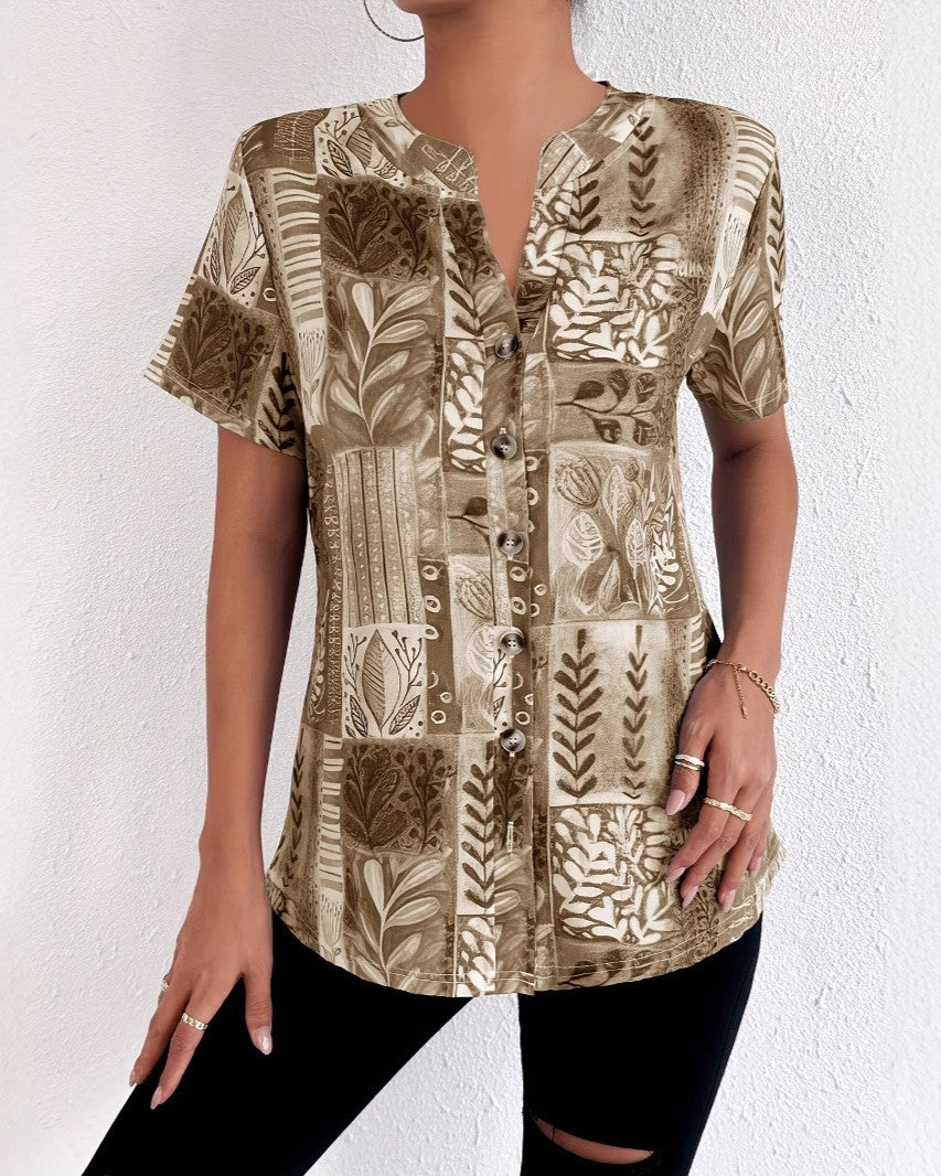 Patchwork Print Notch Neck Button Shirt - Khaki