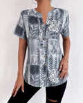 Patchwork Print Notch Neck Button Shirt - Light-Gray