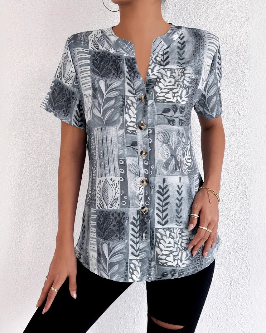 Patchwork Print Notch Neck Button Shirt - Light-Gray
