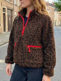 Leopard Teddy Fleece Half Zip Jacket With Red Trim - Leo
