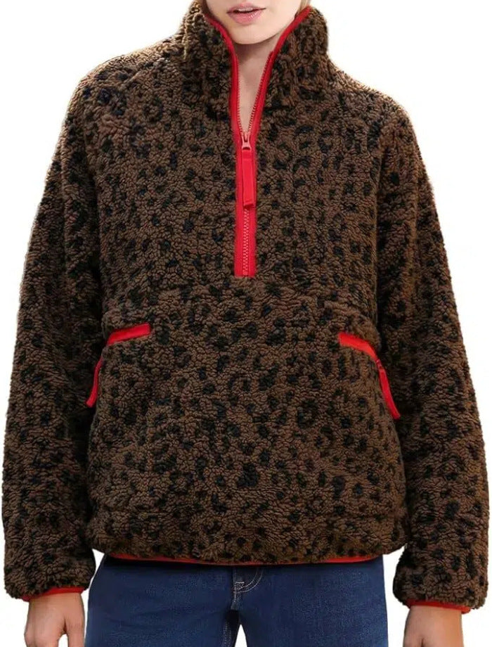 Leopard Teddy Fleece Half Zip Jacket With Red Trim - Leo - 1