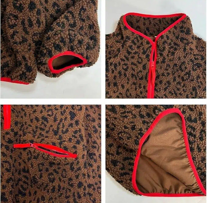 Leopard Teddy Fleece Half Zip Jacket With Red Trim - Leo - 2