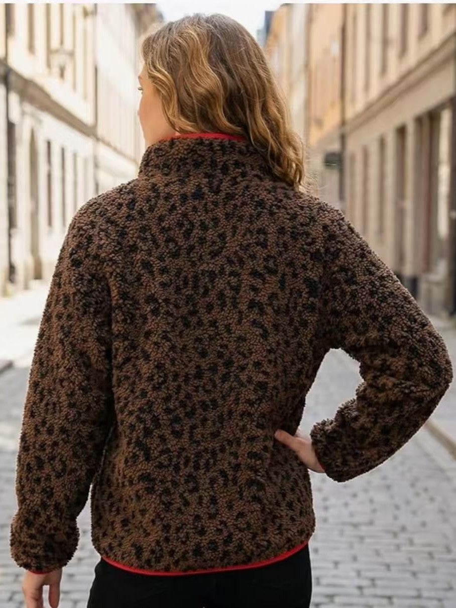 Leopard Teddy Fleece Half Zip Jacket With Red Trim - Leo - 3