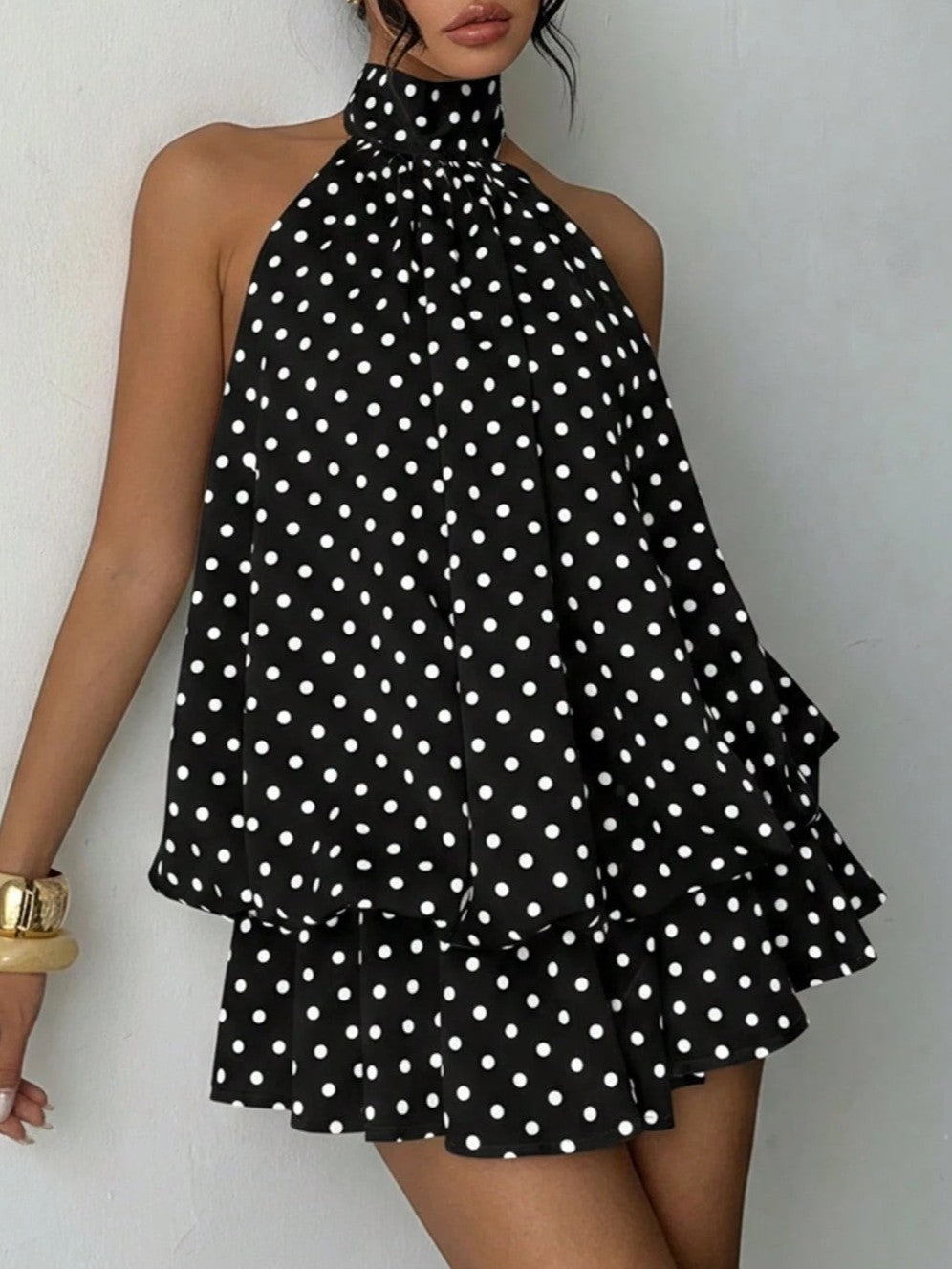Layered Chiffon Halter Mini Dress With Open Back - BlackPolka