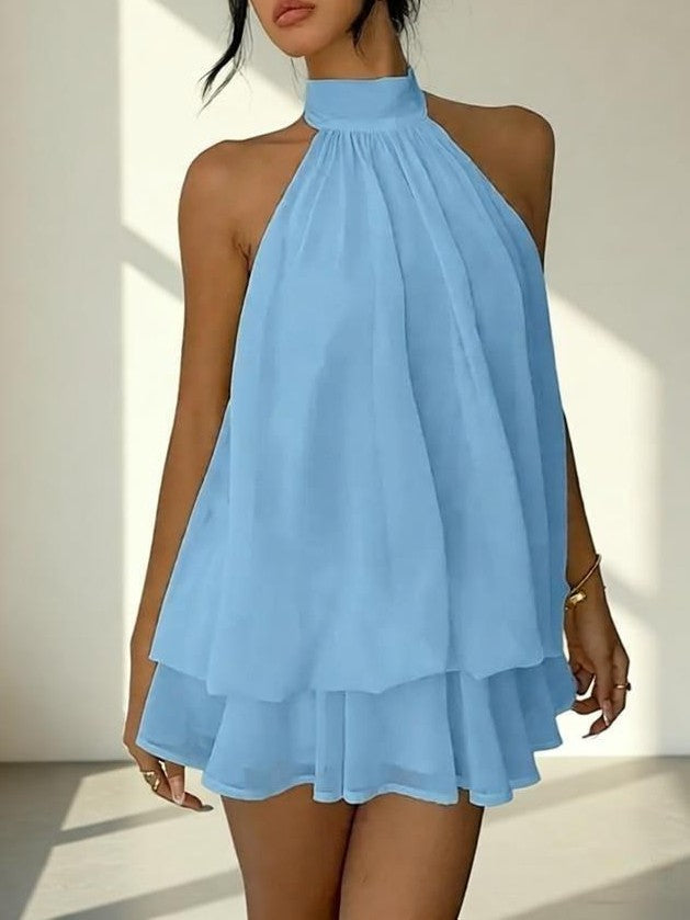 Layered Chiffon Halter Mini Dress With Open Back - Blue
