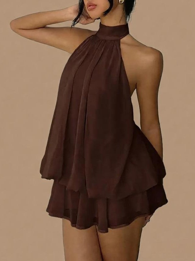 Layered Chiffon Halter Mini Dress With Open Back - Brown