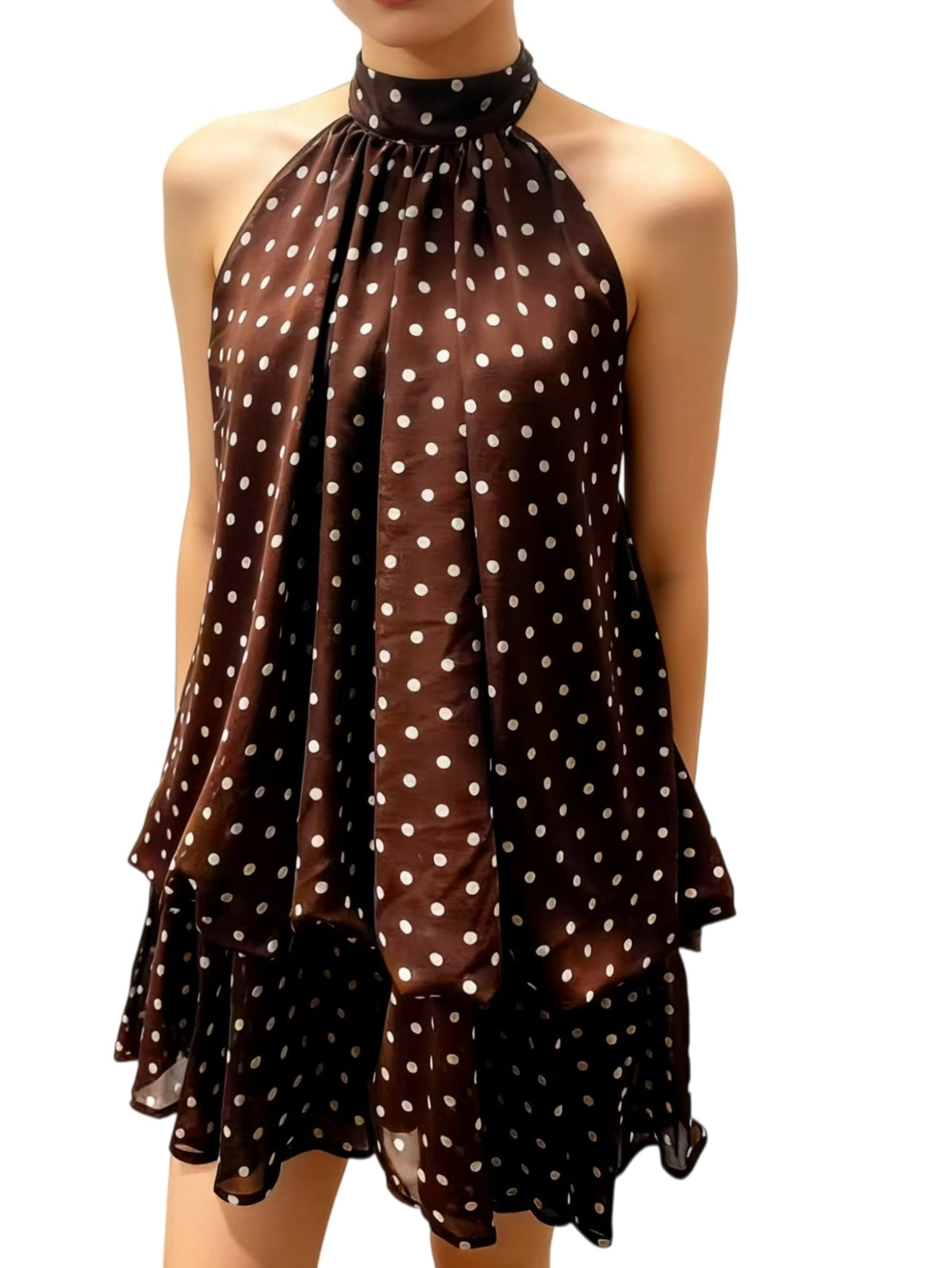 Layered Chiffon Halter Mini Dress With Open Back - CoffeePolka