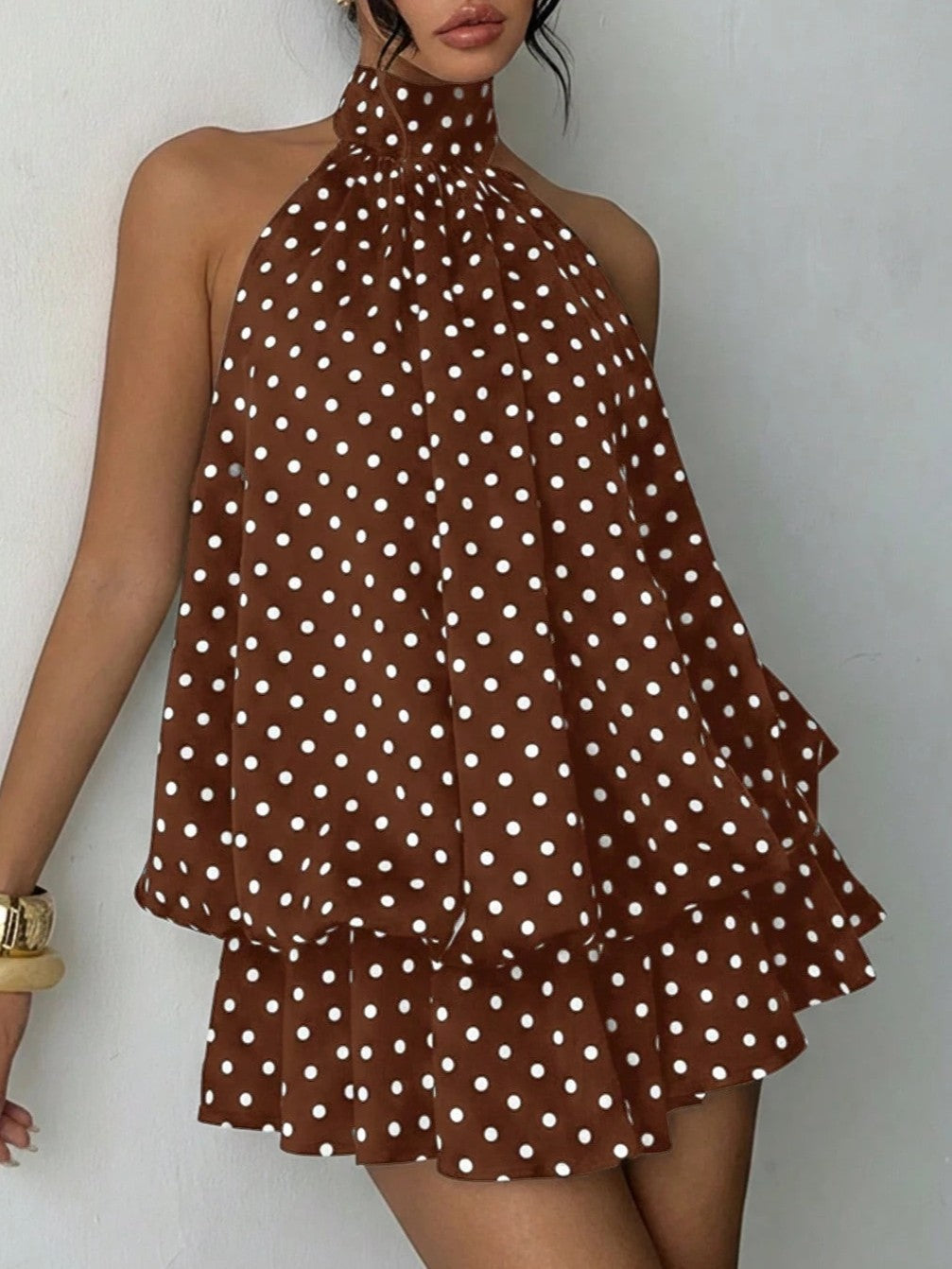 Layered Chiffon Halter Mini Dress With Open Back - CoffeePolka - 1