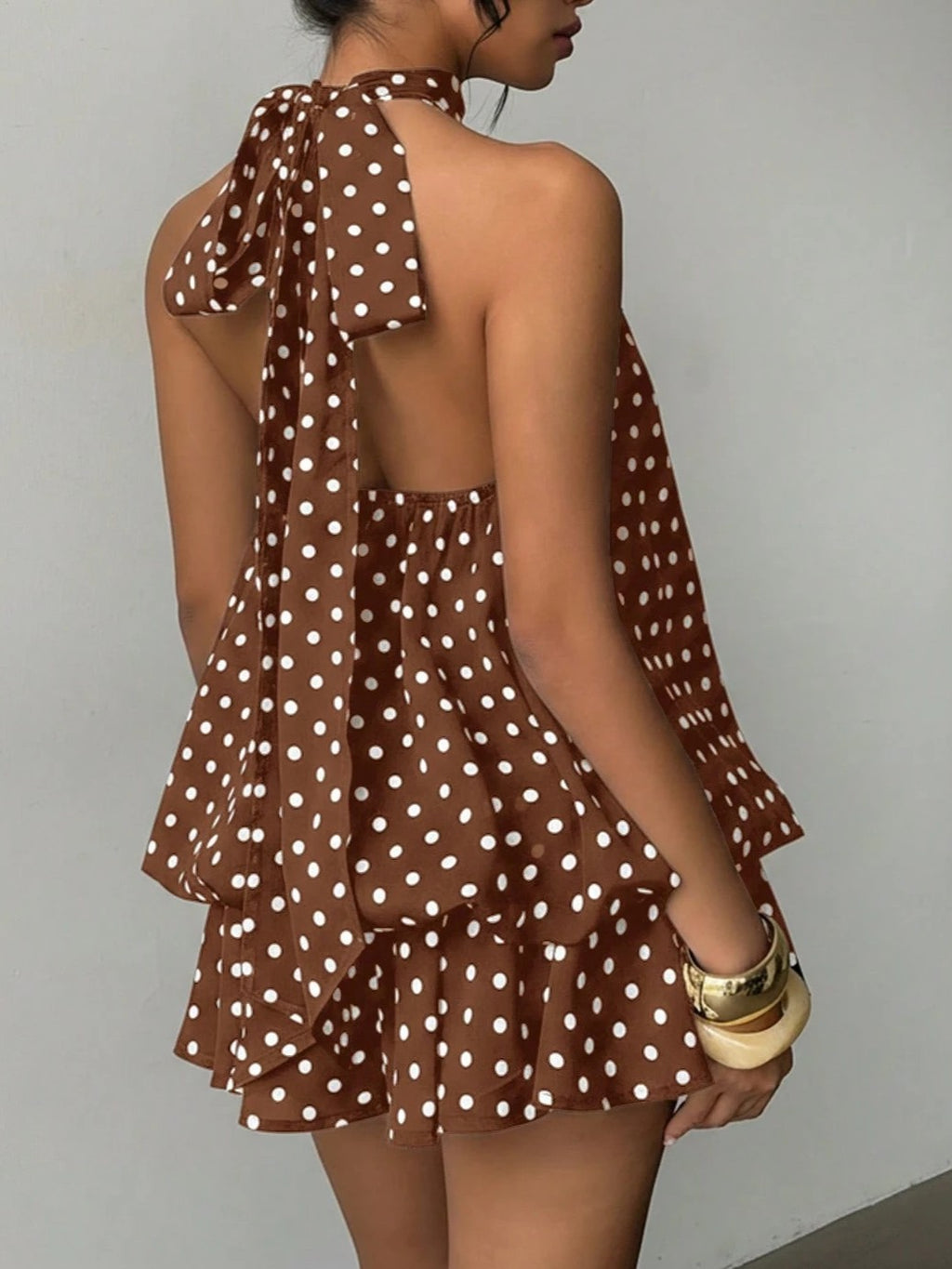 Layered Chiffon Halter Mini Dress With Open Back - CoffeePolka - 2