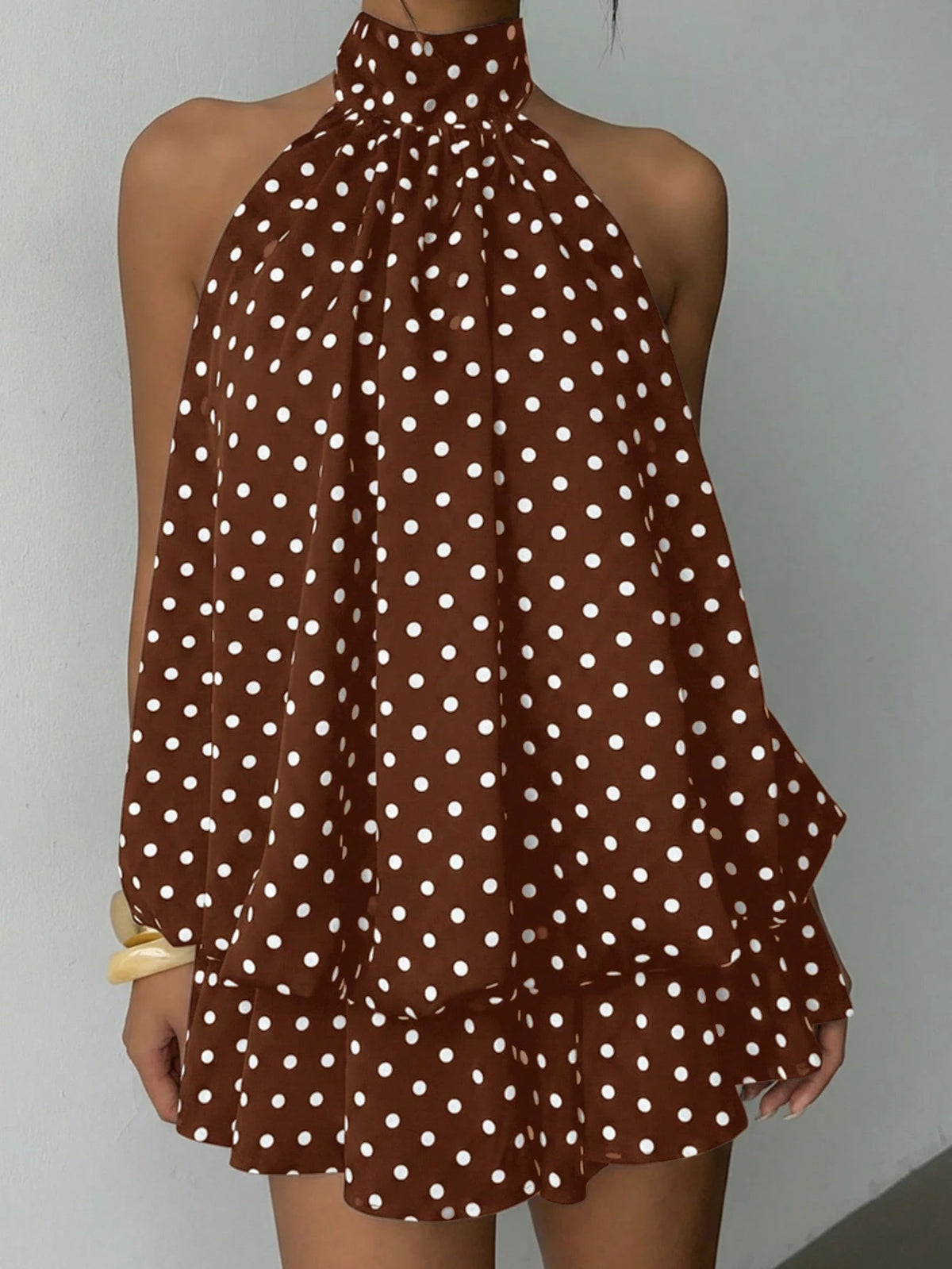 Layered Chiffon Halter Mini Dress With Open Back - CoffeePolka - 3