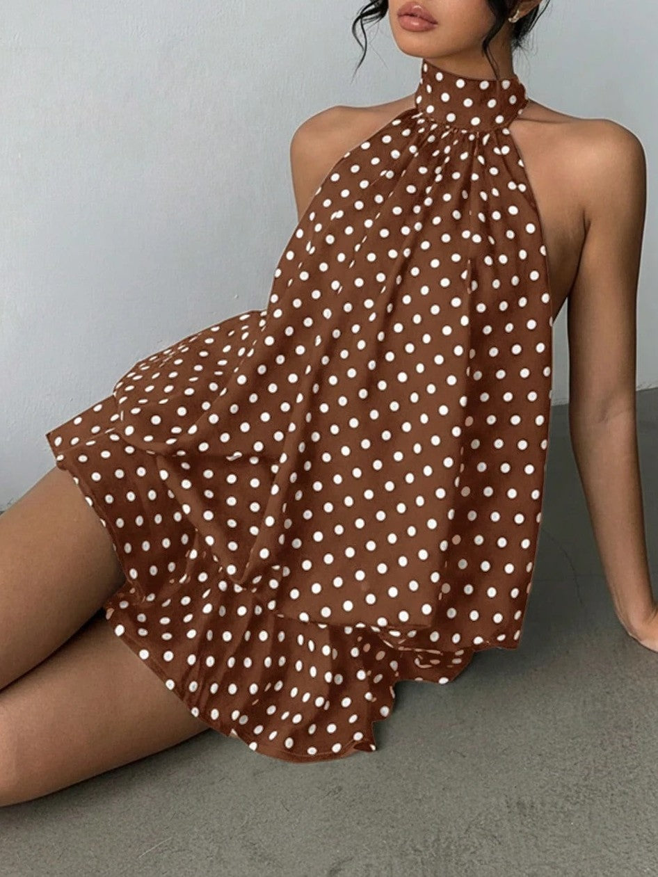 Layered Chiffon Halter Mini Dress With Open Back - CoffeePolka - 5