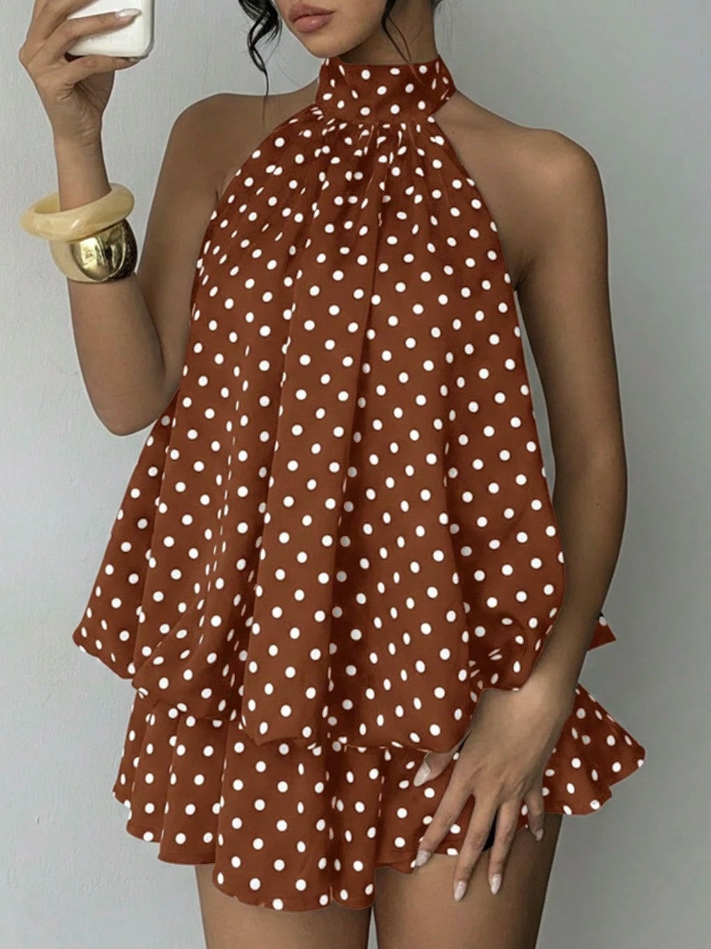 Layered Chiffon Halter Mini Dress With Open Back - CoffeePolka - 7