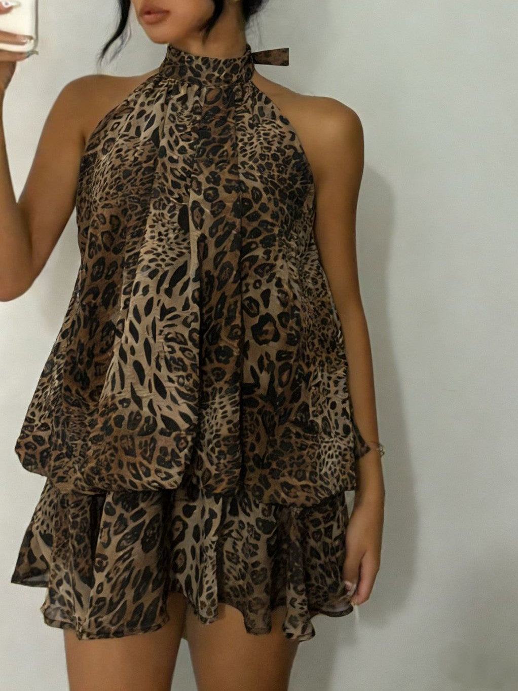 Layered Chiffon Halter Mini Dress With Open Back - Leopard