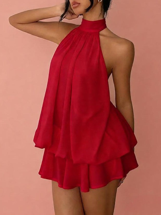 Layered Chiffon Halter Mini Dress With Open Back - Red