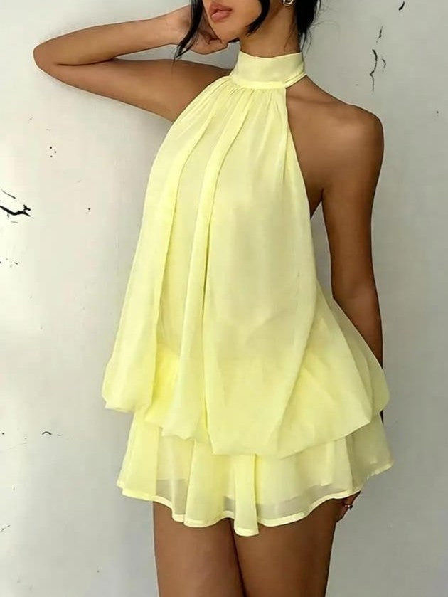 Layered Chiffon Halter Mini Dress With Open Back - Yellow