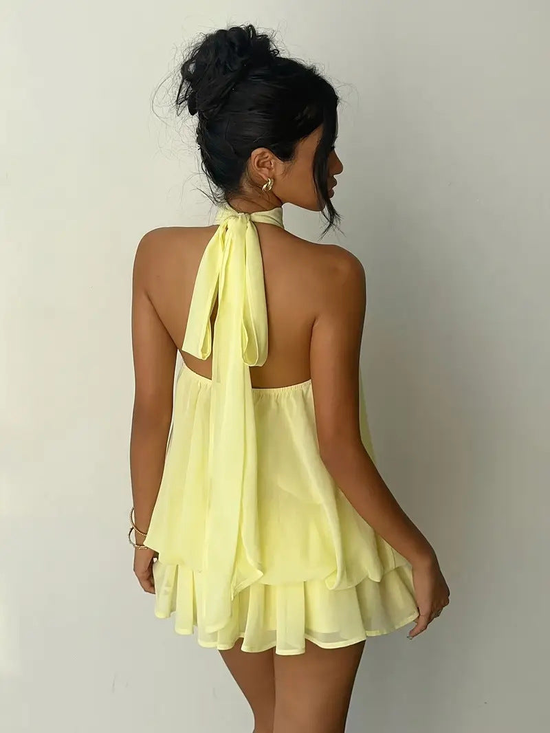 Layered Chiffon Halter Mini Dress With Open Back - Yellow - 2