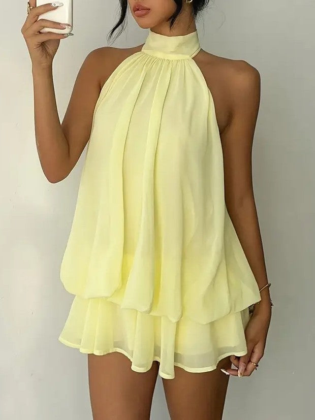 Layered Chiffon Halter Mini Dress With Open Back - Yellow - 3