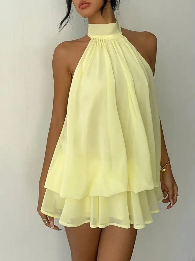 Layered Chiffon Halter Mini Dress With Open Back - Yellow - 5