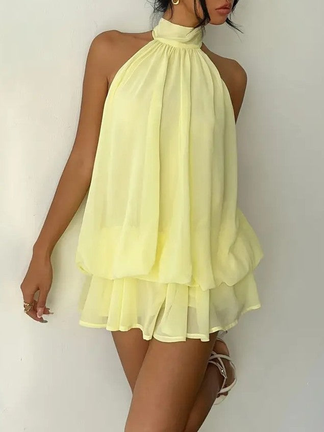 Layered Chiffon Halter Mini Dress With Open Back - Yellow - 6