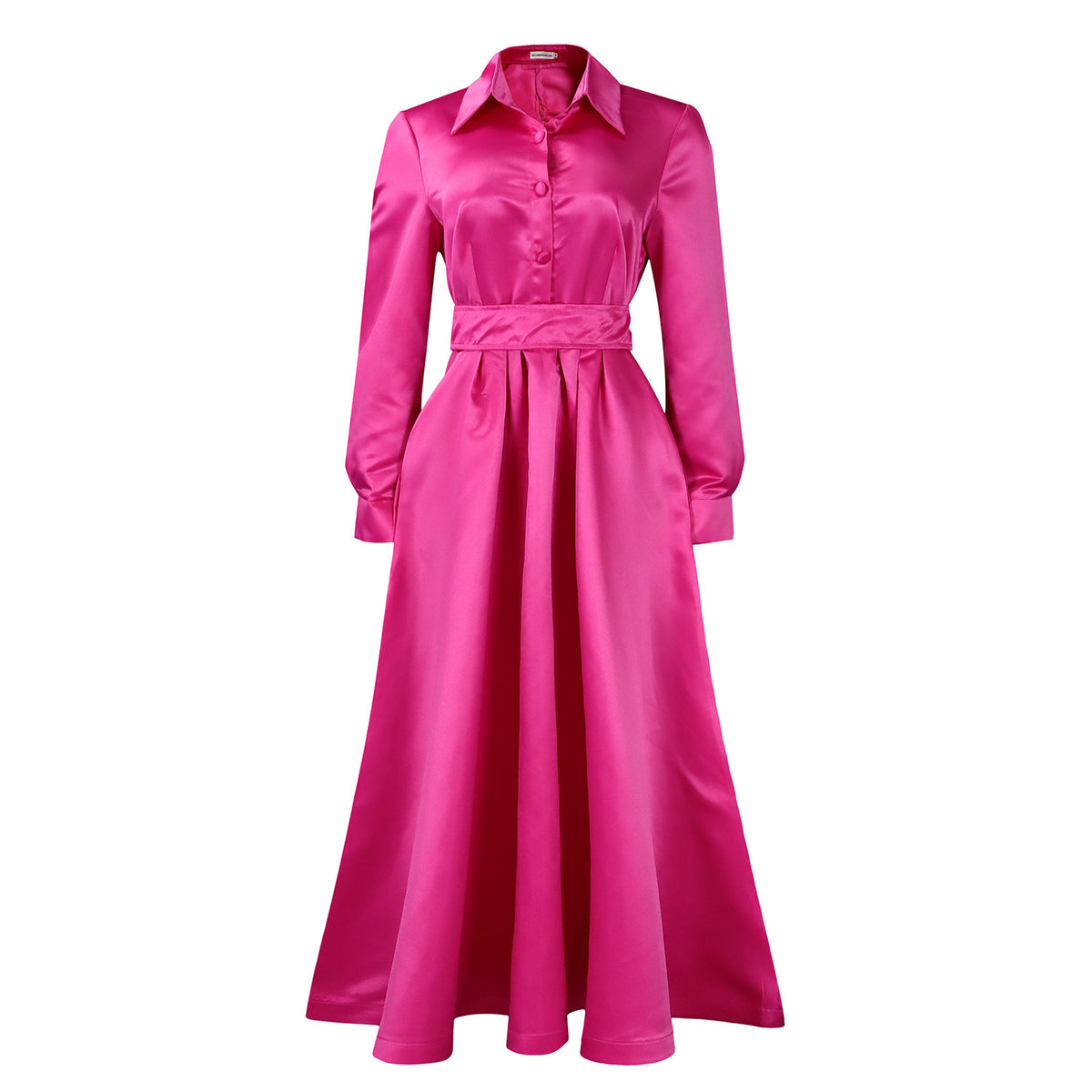Satin Belted Collared Maxi Shirt Dress - Rosered