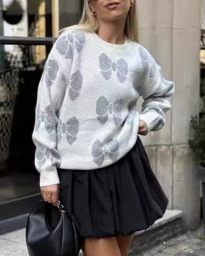 Allover Bow Jacquard Drop Shoulder Sweater - Gray