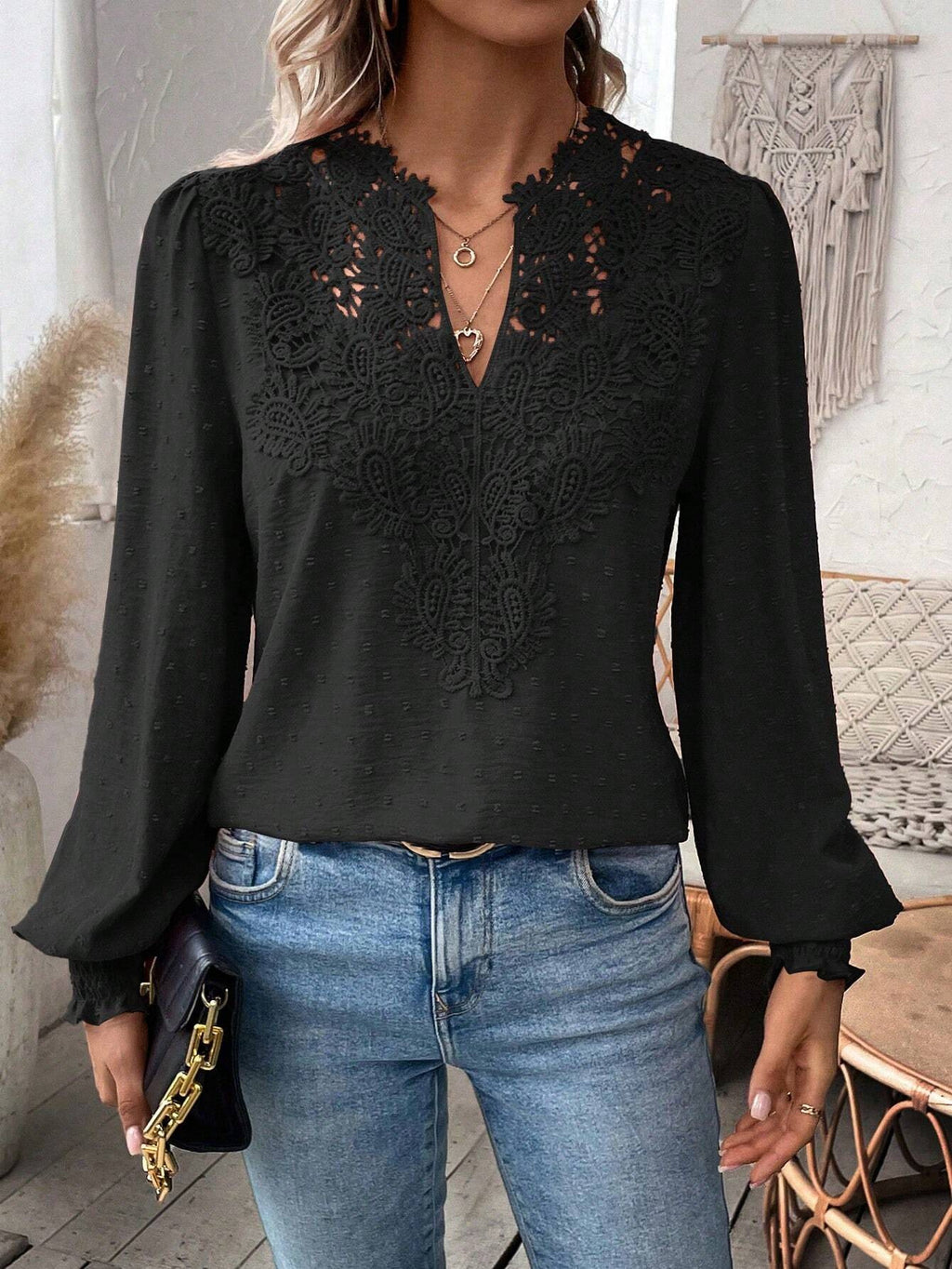 Crochet Lace Yoke Swiss Dot Blouse - Black