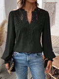 Crochet Lace Yoke Swiss Dot Blouse - Black