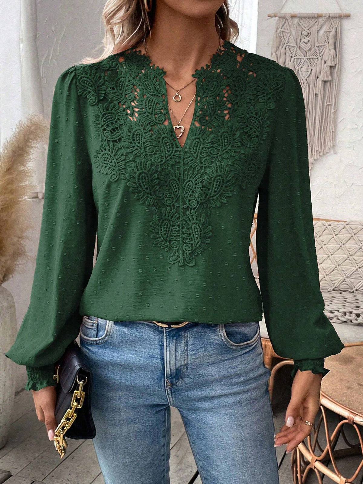 Crochet Lace Yoke Swiss Dot Blouse - DarkGreen